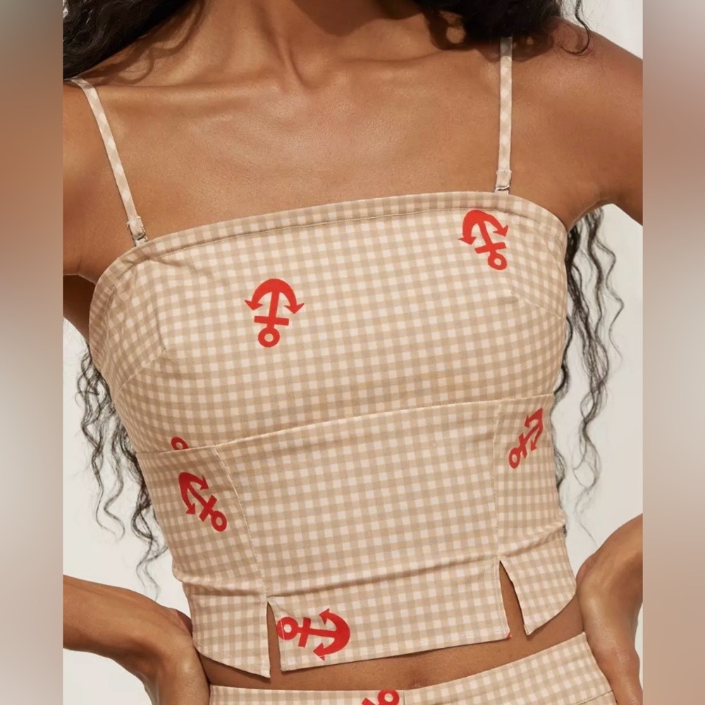 Anthropologie Celandine Smocked Tube Top Anchor Print Beige - Picture 3 of 8